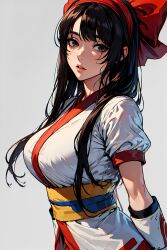  1girls ai_generated big_breasts black_hair breasts brown_eyes busty female female_only gloves hair_ribbon highres king_of_fighters large_breasts legs long_hair looking_at_viewer nakoruru pants parted_lips ribbon samurai_shodown snk solo thighs voluptuous 