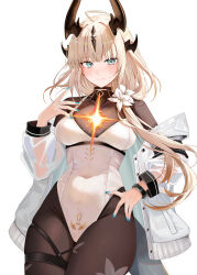  absurdres arknights blonde_hair blue_nails blush breasts brown_pantyhose closed_mouth covered_navel cowboy_shot female flower green_eyes hair_flower hair_ornament hand_on_own_hip hand_up highleg highleg_leotard highres horns jacket leotard long_hair long_sleeves looking_at_viewer nail_polish official_alternate_costume open_clothes open_jacket paid_reward_available pantyhose reed_(arknights) reed_the_flame_shadow_(arknights) ru_zhai simple_background smile solo thigh_strap thighs variant_set white_background white_jacket white_leotard 