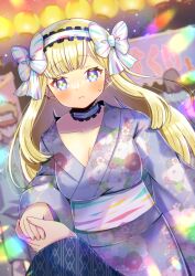  2boys 2girls blonde_hair blurry blurry_background blush bow breasts character_request check_character cleavage closed_mouth collarbone commentary_request commission depth_of_field floral_print frilled_hairband frills grey_kimono hairband hairbow holding_hands japanese_clothes kimono kou_hiyoyo kougei_ciel_nana lantern long_hair long_sleeves market_stall medium_breasts multiple_boys multiple_girls obi out_of_frame paper_lantern print_kimono purple_eyes sash skeb_commission small_sweatdrop sound_voltex summer_festival sweat very_long_hair white_bow white_hairband wide_sleeves 