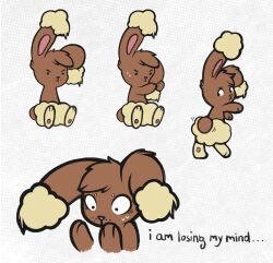  absurd_res after_transformation bodily_fluids brown_body brown_fur brown_hair buneary caffeinelapin cotton_tail dot_eyes ear_grab english_text feral fur generation_4_pokemon hair hi_res lagomorph leporid looking_at_self looking_back male mammal nintendo pattern_background pawpads pokemon pokemon_(species) pokemon_mystery_dungeon rabbit simple_background sitting solo spike_chunsoft sweat sweatdrop tail tail_motion tailwag tan_body tan_fur text wide_eyed wool_(fur) 