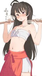  absurdres ahoge arms_up bare_arms bare_shoulders black_hair blush chest_sarashi collarbone commentary_request cowboy_shot hakama highres hip_vent holding holding_stick japanese_clothes long_hair midriff miko mochizuki_ayako navel nige_jouzu_no_wakagimi open_mouth purple_eyes root_(1732050807point) sarashi sound_effects stick sweat translation_request white_background 