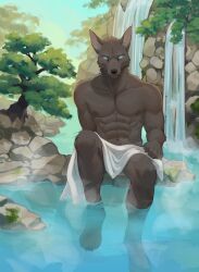  abs anthro anubian_jackal bedding biceps blanket blanket_only canid canine canis detailed_background forest fur hi_res humanoid jackal league_of_legends looking_at_viewer male mammal muscular muscular_anthro muscular_male nasus_(lol) nipples outside pecs plant qimichu riot_games river sitting solo tencent tree water 