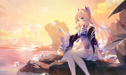  absurdres bare_shoulders blue_bow blunt_bangs book bow chinese_commentary choker feet_out_of_frame female genshin_impact gloves highres long_hair long_sleeves off_shoulder official_art orange_sky outdoors pink_hair ponytail purple_eyes sangonomiya_kokomi sitting sky smile solo very_long_hair white_gloves 