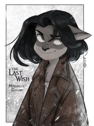  ambiguous_species anthro clothing coat eyebrows felid female fur grey_body grey_fur hair humanoid_pointy_ears looking_aside mammal marcie_montis mirabelle_collins short_hair smile smirk solo text thick_eyebrows topwear 