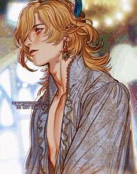  1boy artist_name blonde_hair braid collarbone earrings english_commentary eyelashes feather_hair_ornament feathers genshin_impact gold_earrings grey_shirt hair_ornament hair_over_one_eye highres jewelry kaveh_(genshin_impact) lips long_sleeves looking_to_the_side male_focus medium_hair open_clothes open_shirt red_eyes shirt solo teeth umikochannart upper_body 