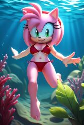  1girls ai_generated amy_rose anthro barefoot bikini breasts emilioperezc2001 feet female freediving furry hedgehog looking_at_viewer medium_breasts navel ocean red_bikini red_swimsuit sea sega side-tie_bikini solo sonic_(series) sonic_the_hedgehog_(series) swimming swimsuit underwater water 