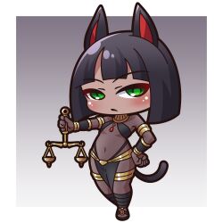  absurdres animal_ears balance_scale black_hair blush bodysuit breasts cat_ears cat_girl cat_tail chibi closed_mouth commentary_request covered_navel egyptian female fishnet_bodysuit fishnets full_body gradient_background green_eyes grey_background hand_on_own_hip highres holding libra_(zodiac) original pelvic_curtain personification saishosaisekojo sling_bikini_top small_breasts solo standing tail weighing_scale zodiac 