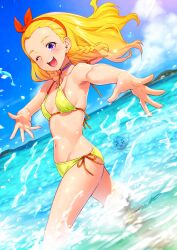  :d amamiya_elena bare_arms bare_legs bikini blonde_hair blue_sky blurry blurry_background blush bow bow_hairband breasts choker cloud collarbone covered_navel day female floating_hair groin hairband hairbow highres island kazuma_muramasa long_hair looking_at_viewer navel ocean orange_ribbon outdoors precure purple_choker purple_eyes red_bow red_hairband ribbon side-tie_bikini_bottom sideboob signature sky small_breasts smile solo splashing star_twinkle_precure summer swimsuit wading wardrobe_malfunction yellow_bikini 