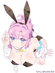  :3 ahoge alternate_costume animal_ear_hairband animal_ears anyoji_hime artist_name black_leotard black_ribbon blue_eyes blunt_bangs bow bowtie breasts bunny_day cleavage closed_mouth collarbone commentary_request cropped_legs detached_collar fake_animal_ears fake_tail female hair_ribbon hairband hand_up highres hood hooded_jacket jacket large_breasts leaning_forward leotard link!_like!_love_live! long_bangs long_hair long_sleeves looking_at_viewer love_live! multi-tied_hair open_clothes open_hand open_jacket pink_hair playboy_bunny ponytail rabbit_ear_hairband rabbit_ears rabbit_tail ribbon sidelocks simple_background solo strapless strapless_leotard swept_bangs tail tanohito twitter_username virtual_youtuber white_background white_jacket yellow_bow yellow_bowtie 