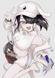  bare_shoulders black_hair blush breasts brown_eyes chainsaw fate/grand_order fate_(series) female hair_over_one_eye hat highres jacket long_sleeves looking_at_viewer midriff mole mole_under_eye navel off_shoulder open_mouth sandals shirt short_hair shorts sleeveless sleeveless_shirt small_breasts smile solo sumi_(gfgf_045) white_hat white_jacket white_shirt white_shorts xu_fu_(fate) xu_fu_(swimsuit_avenger)_(fate) xu_fu_(swimsuit_avenger)_(third_ascension)_(fate) yin_yang yin_yang_print 