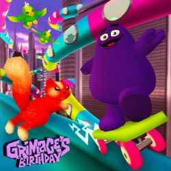  avian bird blezzbeats feathers fur green_body green_feathers grimace&#039;s_birthday grimace_(mcdonald&#039;s) hamburglar hi_res low_poly mammal mascot mcdonald&#039;s purple_body purple_fur retro rodent sciurid skateboard skateboarding tree_squirrel vehicle 