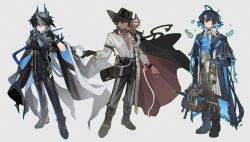  3boys arknights ascot bag black_cape black_gloves black_hat black_jacket black_pants blue_ascot blue_hair brown_hair cape coat colored_inner_hair commentary english_commentary fish gloves grey_background grey_coat grey_hair hat head_wings holding holding_bag holding_wand horns infection_monitor_(arknights) jacket key lantern logos_(arknights) long_hair looking_at_viewer lumen_(arknights) male_focus multicolored_hair multiple_boys open_clothes open_shirt orange_eyes pants red_cape red_eyes shirt short_ponytail simple_background single_glove thorns_(arknights) thorns_(blade-cleaved_tides)_(arknights) two-sided_cape two-sided_fabric umbrella wand white_shirt wings xian_meng_huanyou_ji 