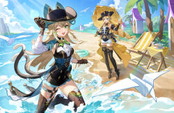  2girls :d ;d absurdres armpit_cutout bare_shoulders beach black_dress black_footwear black_hat blonde_hair blue_eyes boots breasts brown_footwear cat_tail clothing_cutout detached_sleeves dress drill_hair drill_sidelocks genshin_impact green_eyes hat highres holding holding_umbrella innertube kirara_(genshin_impact) kirara_(phantom_in_boots)_(genshin_impact) long_hair long_sleeves looking_at_viewer medium_breasts multiple_girls multiple_tails navia_(genshin_impact) ocean official_alternate_costume official_art one_eye_closed open_mouth shirt sidelocks single_bare_shoulder smile swim_ring tail thigh_boots thighs two_tails umbrella very_long_hair water white_shirt 