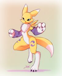  3_fingers anthro bandai_namco big_tail blue_eyes breasts clothing digimon digimon_(species) ear_markings female fingers fur genitals hi_res j.fbelen looking_at_viewer nude pussy renamon simple_background small_breasts solo tail yellow_body yellow_fur 