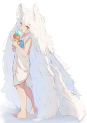  absurdly_long_hair animal_ear_fluff animal_ears bare_arms bare_shoulders barefoot blue_bow bow commentary_request double_scoop dress female food full_body hair_between_eyes highres holding holding_food holding_ice_cream ice_cream ice_cream_cone long_hair mote_max open_mouth original shadow short_eyebrows simple_background sleeveless sleeveless_dress solo tail thick_eyebrows very_long_hair white_background white_dress white_hair yellow_eyes 