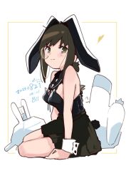  animal_ear_hairband animal_ears arm_support black_hairband black_leotard black_neckerchief black_sailor_collar black_skirt blush_stickers border breasts brown_hair carrot commentary_request dated detached_collar fake_animal_ears female from_side fubuki_(kancolle) full_body green_eyes hairband heart highres kantai_collection leotard looking_at_viewer low_ponytail ma_rukan medium_breasts medium_hair money monocle monocle_chain neckerchief outside_border playboy_bunny pleated_skirt rabbit_tail rigging sailor_collar sidelocks signature simple_background sitting skirt smile smokestack solo strapless strapless_leotard tail translation_request tucked_money turret white_background wrist_cuffs yellow_border 