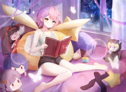  absurdres bed benghuai_xueyuan black_socks book bronya_zaychik brown_shorts closed_mouth curtains female heterochromia highres hokushin_mei holding holding_book homu honkai_(series) indoors looking_at_viewer multicolored_hair ninti_apokalypse pillow pink_hair purple_eyes purple_hair seele_vollerei shirt shorts sin_mal sin_mal0909 sitting socks solo toes two-tone_hair wariza white_shirt window yellow_eyes 