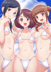  3girls :d bare_arms bikini black_hair breast_press breasts brown_eyes brown_hair closed_mouth cloud collarbone day delicious_party_precure fuwa_kokone halterneck hanamichi_ran hand_on_another&#039;s_hip highleg highleg_bikini highres kazuma_muramasa long_hair looking_at_viewer matching_outfits medium_breasts medium_hair multiple_girls nagomi_yui open_mouth outdoors parted_bangs precure purple_eyes sideboob small_breasts smile swept_bangs swimsuit underboob undersized_clothes white_bikini 