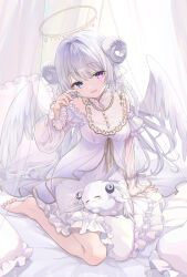  angel_wings bare_shoulders barefoot blue_eyes blush braid commission curled_horns curtains dress feathered_wings female frills gold_trim hair_between_eyes halo hand_on_own_face hasumi_yuno heterochromia horns indie_virtual_youtuber light_smile long_hair long_sleeves looking_at_viewer mini_wings momoyama_momo on_bed open_mouth pillow puffy_sleeves purple_eyes see-through see-through_sleeves sheep_girl sheep_horns sitting skeb_commission sleepy smile solo transparent_curtains twin_braids virtual_youtuber wariza white_background white_dress white_theme white_wings wings 