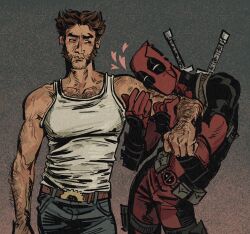  2boys arm_grab arm_hair arm_hug beard belt bodysuit brown_hair chest_hair clenched_hand closed_mouth collarbone deadpool deadpool_&amp;_wolverine deadpool_(series) english_commentary facial_hair gloves heart highres jamisonrivv katana looking_at_another male_focus marvel marvel_cinematic_universe mask mature_male multiple_boys muscular pants red_bodysuit sword sword_on_back tank_top veins veiny_arms weapon weapon_on_back wolverine_(x-men) x-men yaoi 