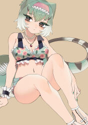  :&lt; absurdres alternate_costume bare_arms bare_shoulders bikini blush brown_eyes chinese_water_dragon_(kemono_friends) female floral_print_bikini frilled_cuffs frilled_hairband frills gradient_hair green_bikini green_hair hair_between_eyes hairband highres jewelry kanmoku-san kemono_friends lizard_tail midriff multicolored_hair navel necklace pink_hairband reptile_girl sandals short_hair sidelocks solo swimsuit tail white_footwear white_hair 