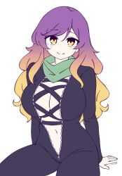  biker_clothes bikesuit black_bikesuit black_bodysuit blonde_hair blush_stickers bodysuit breasts cleavage cross-laced_clothes female gradient_hair green_scarf hijiri_byakuren large_breasts light_blush long_hair looking_at_viewer multicolored_hair navel onkn_sxkn purple_hair scarf simple_background smile solo touhou turbo_byakuren white_background 