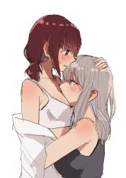  2girls between_breasts black_camisole blue_eyes blush bra breasts camisole commentary ear_blush girls_band_cry grey_eyes grey_hair hand_on_another&#039;s_head head_between_breasts highres hug iseri_nina kawaragi_momoka long_hair m0m0n1n4 multiple_girls off_shoulder parted_lips red_hair shirt short_twintails simple_background twintails underwear white_background white_bra white_shirt yuri 