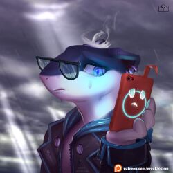  blue_eyes clothing cloud cloudy_sky ear_piercing electronics errokioslem eyewear female generation_2_pokemon glasses hi_res jacket nintendo phone piercing pokemon pokemon_(species) portrait quilava raining side_view sky smoke solo topwear 