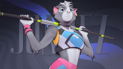  anthro blue_eyes bottomwear bra caviid clothing disney ear_piercing ear_ring female fur g-force_(disney) grey_body grey_fur guinea_pig juarez_(g-force) kyander mammal midriff pants piercing pink_bottomwear pink_clothing pink_pants pinup pose ring_piercing rodent seductive solo sports_bra stick topwear underwear 