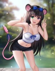  :d animal_ears black_hair black_shorts blue_bow blurry blurry_background bow breasts cable cable_tail cleavage collarbone commentary cowboy_shot crop_top double_v english_commentary female gigamessy green_eyes hairbow hands_up heterochromia highres leaning_forward light_particles long_hair looking_at_viewer mechanical_tail medium_breasts midriff mouse_ears navel open_mouth original pink_eyes second-party_source shirt shorts sleeveless sleeveless_shirt smile solo standing tail teeth upper_teeth_only v white_shirt 