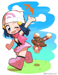  +++ ;d beanie black_hair black_shirt black_socks blush_stickers boots buneary chibi cloud commentary_request dawn_(pokemon) day eyelashes female grass hair_ornament hairclip hat highres long_hair one_eye_closed open_mouth outdoors pink_scarf pokemon pokemon_dppt scarf shirt sidelocks skirt sky sleeveless sleeveless_shirt smile socks watta02614129 white_hat 