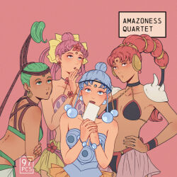  4girls 97pieces :o amazons_quartet bikini bikini_top_only bishoujo_senshi_sailor_moon blue_eyes blue_hair breasts cerecere_(sailor_moon) commentary crossed_arms dark-skinned_female dark_skin derivative_work forehead_jewel green_eyes green_hair hair_bun hair_rings hands_on_own_hips holding junjun_(sailor_moon) micro_bikini multiple_girls open_mouth pallapalla_(sailor_moon) pink_eyes pink_hair pink_skirt red_eyes red_hair screenshot_redraw shoulder_pads shoulder_spikes single_hair_bun skirt small_breasts smile spikes swimsuit vesves_(sailor_moon) 