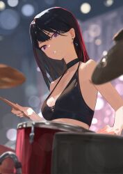  bang_dream! bang_dream!_it&#039;s_mygo!!!!! bikini black_bikini black_choker black_hair blurry blurry_background breasts choker commentary depth_of_field drum drum_set drumsticks earrings female hashtag-only_commentary highres holding holding_drumsticks instrument jewelry kissshotmagia long_hair looking_at_viewer medium_breasts mole mole_under_eye open_mouth purple_eyes shiina_taki solo swimsuit 