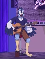  2024 3_toes 5_fingers absurd_res acoustic_guitar anthro artist_logo avian barefoot beak bird black_beak black_clothing black_eyebrows black_shirt black_t-shirt black_topwear blue_body blue_curtains blue_feathers bottomwear brick_wall brown_bottomwear brown_clothing brown_shorts cel_shading cheek_tuft chest_tuft claws clothing countershade_torso countershading detailed_background eye_markings eyebrows facial_markings facial_tuft feathers feet fingerless_(marking) fingers floor furniture green_eyes guitar head_markings head_tuft hi_res holding_guitar holding_musical_instrument holding_object inside knee_tuft leg_tuft logo looking_at_viewer male markings multicolored_beak musical_instrument neon_sign open_beak open_mouth pink_tongue playing_guitar playing_music plucked_string_instrument sammfeatblueheart scuted_legs scutes shaded shirt shorts sign signature sitting sitting_on_stool solo speaker stool string_instrument t-shirt tan_scutes tile tile_floor toe_claws toes tongue topwear tuft two_tone_beak wall_(structure) white_body white_claws white_feathers winged_arms wings yellow_beak 