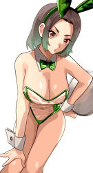  animal_ear_hairband animal_ears bare_shoulders bent_over bob_cut bow bowtie breasts brown_eyes brown_hair cleavage commentary covered_navel cowboy_shot detached_collar fake_animal_ears female gaen_tooe gradient_hair green_bow green_bowtie green_hair green_hairband green_leotard hairband hand_on_own_hip hand_on_own_knee holding holding_tray large_breasts leaning_forward leotard looking_at_viewer meme_attire midriff monogatari_(series) multicolored_hair nari_(nari149528) navel parted_lips playboy_bunny pursed_lips rabbit_ear_hairband rabbit_ears see-through see-through_leotard short_hair solo standing strapless strapless_leotard thick_eyebrows translucent_bunnysuit tray wrist_cuffs 