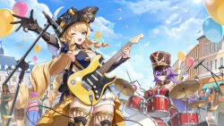  2girls absurdres bare_shoulders bass_guitar black_gloves black_hat blonde_hair blue_eyes breasts chevreuse_(genshin_impact) closed_mouth detached_sleeves dress drill_hair drill_sidelocks drum drum_set drumsticks earmuffs earmuffs_around_neck electric_guitar eyepatch fender_stratocaster genshin_impact gloves guitar hat highres holding holding_bass_guitar holding_drumsticks holding_instrument instrument jewelry long_hair medium_breasts microphone microphone_stand multicolored_hair multiple_girls navia_(genshin_impact) official_art one_eye_closed open_mouth purple_eyes purple_hair shako_cap shorts sidelocks smile streaked_hair thighhighs two-tone_hair very_long_hair white_gloves white_hair white_shorts 