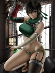  artist_name asymmetrical_legwear asymmetrical_sleeves bare_shoulders black_panties black_sleeves breasts brown_eyes brown_footwear brown_hair brown_shorts chains chest_harness closed_mouth commentary cropped_sweater detached_sleeves english_commentary female final_fantasy final_fantasy_vii final_fantasy_vii_remake fingerless_gloves fishnet_thighhighs fishnets forehead_protector full_body garter_straps gloves green_headband green_sweater hair_between_eyes hand_on_own_thigh hand_up harness headband holding holding_weapon huge_weapon indoors large_breasts light_blush lips looking_at_viewer materia midriff mismatched_legwear mismatched_sleeves mixed-language_commentary navel open_clothes open_fly open_shorts paid_reward_available panties patreon_logo patreon_username pink_lips railing red_gloves ribbed_socks ribbed_sweater scaffolding shoes short_hair short_shorts shorts shuriken signature single_glove single_thighhigh skindentation sleeveless sleeveless_sweater sleeveless_turtleneck smile socks solo squatting sweater thighhighs turtleneck underwear weapon web_address wei_(promise_0820) white_sleeves white_socks window yuffie_kisaragi 