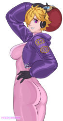  arm_up ass black_gloves blonde_hair bodysuit breasts cowboy_shot cropped_jacket female from_behind gloves hair_over_one_eye hand_on_own_hip headphones helmet highres holding holding_helmet jacket large_breasts long_sleeves looking_at_viewer looking_back looking_to_the_side one_piece open_clothes open_jacket paid_reward_available parted_lips patreon_username pink_bodysuit pink_eyes purple_jacket short_hair solo turtleneck turtleneck_bodysuit uukkaa vegapunk_lilith white_background 