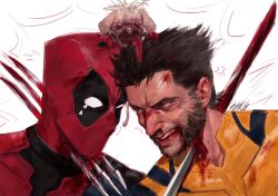  2boys absurdres anger_vein animal_on_head beard blood blood_on_clothes blood_on_face blood_on_weapon bodysuit brown_hair canine claws deadpool deadpool_&amp;_wolverine deadpool_(series) dog_on_head dogpool facial_hair highres impaled looking_at_another male_focus marvel marvel_cinematic_universe mask mature_male multiple_boys on_head red_bodysuit sgkg108 stab teeth tongue tongue_out two-tone_bodysuit violence weapon wolverine_(x-men) x-men yellow_bodysuit 