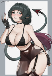  animal_ears aqua_eyes bare_shoulders black_bra black_choker black_gloves black_hair blunt_bangs blush bra breasts choker commentary cowboy_shot dagger female fingerless_gloves garter_straps gloves grin hair_intakes high-waist_pantyhose highres hioyami jane_doe_(zenless_zone_zero) knife large_breasts long_hair looking_at_viewer mouse_ears mouse_girl mouse_tail multicolored_hair nail_polish panties panties_under_pantyhose pantyhose purple_hair purple_nails smile solo standing tail thighs underwear very_long_hair weapon zenless_zone_zero 