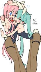  2girls @_@ animal_ears ao_6336 arm_tattoo bare_arms black_leotard black_pantyhose blue_eyes blue_hair blush breasts bunny_day cheek-to-cheek commentary flying_sweatdrops hashtag-only_commentary hatsune_miku heads_together highres large_breasts leotard long_hair medium_breasts megurine_luka multiple_girls oerba_yun_fang open_mouth pantyhose pink_hair playboy_bunny rabbit_ears rabbit_tail sideboob simple_background skin_fang smile strapless strapless_leotard sweatdrop tail tattoo thigh_strap twintails vocaloid white_background wrist_cuffs yuri 