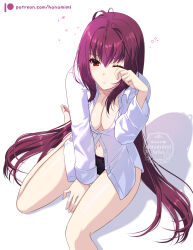  breasts cleavage fate/grand_order fate_(series) female hair_intakes highres large_breasts long_hair naked_shirt naomi_gumbs_(hanamimi) navel one_eye_closed panties purple_hair red_eyes rubbing_eyes scathach_(fate) shirt simple_background thighs underwear 