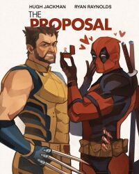  2boys angrymiloras beard belt bleeding blood blood_on_weapon bodysuit box brown_hair claws clenched_teeth deadpool deadpool_&amp;_wolverine deadpool_(series) facial_hair gloves hand_on_own_face heart highres holding impaled jewelry katana looking_at_viewer male_focus marriage_proposal marvel marvel_cinematic_universe mask mature_male multiple_boys muscular parody poster_parody ring ring_box short_hair stab sword sword_on_back teeth the_proposal two-tone_bodysuit violence weapon weapon_on_back wedding_ring wolverine_(x-men) x-men yaoi yellow_bodysuit 