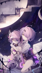  2girls absurdres ahoge bare_shoulders benghuai_xueyuan black_shorts bodysuit cleavage_cutout closed_mouth clothing_cutout dual_persona elbow_gloves gloves goggles hair_over_one_eye heterochromia highres honkai_(series) looking_at_viewer moon multicolored_hair multiple_girls pink_gloves pink_hair purple_eyes purple_hair purple_socks shirt short_hair shorts sin_mal sin_mal0909 socks space star_(sky) two-tone_hair white_bodysuit white_shirt yellow_eyes 