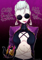  a.k.i._(street_fighter) atgrbread breasts cleavage crop_top earrings female glasses gloves grey_hair highres jewelry licking_lips navel no_bra official_alternate_costume official_alternate_hairstyle opaque_glasses pale_skin partially_opaque_glasses partially_opaque_sunglasses poison_(final_fight) round_eyewear shrug_(clothing) solo stomach street_fighter street_fighter_6 sunglasses tongue tongue_out upper_body 