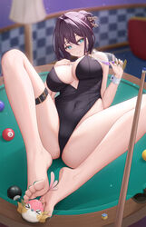  1other absurdres alternate_breast_size alternate_costume arayuki_(sakurafubuki) ball bare_legs barefoot beads belt billiard_ball black_leotard breasts brown_hair champagne_flute cleavage commentary_request covered_navel cue_stick cup drinking_glass earrings feet female foot_focus foreshortening full_body green_eyes green_nails hair_between_eyes hair_bun hair_intakes hair_ornament hand_on_own_chest highleg highleg_leotard highres holding holding_cup honkai:_star_rail honkai_(series) huge_breasts jewelry leotard looking_at_viewer lying nail_polish on_back origami_bird_(honkai:_star_rail) playboy_bunny pool_table pouring pouring_onto_self ruan_mei_(honkai:_star_rail) sidelocks simulated_footjob single_hair_bun skindentation smile solo_focus spread_legs table thigh_belt thigh_strap toenail_polish toenails toes white_wrist_cuffs wrist_cuffs 