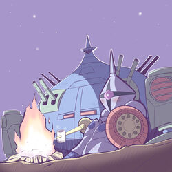  adzam blush campfire camping chibi commentary_request dashio desert fire food gundam gyan holding lance marshmallow mecha missile_pod mobile_suit_gundam night no_humans non-humanoid_robot outdoors outline photoshop_(medium) polearm roasted_marshmallow roasting robot rocket_launcher science_fiction shield sitting star_(sky) turret walker_(robot) weapon yurucamp 