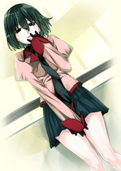  bad_id bad_pixiv_id bare_legs black_eyes black_hair black_necktie black_pantyhose blush bob_cut commentary covering_privates dutch_angle empty_eyes female frown gloves hair_between_eyes hand_on_own_crotch hand_to_own_mouth holding holding_clothes juliet_sleeves kabukimonogatari long_sleeves looking_at_viewer monogatari_(series) naoetsu_high_school_uniform necktie no_legwear oshino_ougi pantyhose parted_lips photoshop_(medium) pink_shirt pleated_skirt puffy_sleeves school_uniform shirt short_hair skirt sleeves_past_wrists solo unworn_pantyhose yukiusagi_(gaballscreen&amp;blaze) 