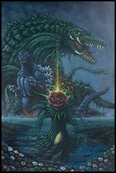  almighty_rayzilla biollante flower fog giant_monster godzilla godzilla_(series) kaijuu lake monster night no_humans rose water 