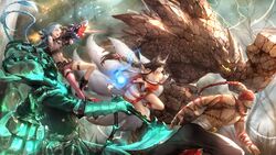  2girls 3boys abs ahri_(league_of_legends) animal_ears bare_shoulders battle beard belt black_hair blindfold blue_hair boots braid breasts bullet cleavage commentary detached_sleeves energy_ball eyeliner facial_hair facial_mark fingernails fox_ears fox_tail gauntlets gloves halterneck hanbok highres jinx_(league_of_legends) komecchi korean_clothes kusarigama lantern league_of_legends lee_sin long_hair long_sleeves makeup malphite medium_breasts multiple_belts multiple_boys multiple_girls multiple_tails open_mouth pants pink_eyes ponytail profile rocket_launcher running sharp_fingernails short_shorts shorts sickle single_thighhigh skull smile stomach tail tattoo thigh_strap thighhighs thighs thresh_(league_of_legends) topknot twin_braids twintails weapon yellow_eyes 